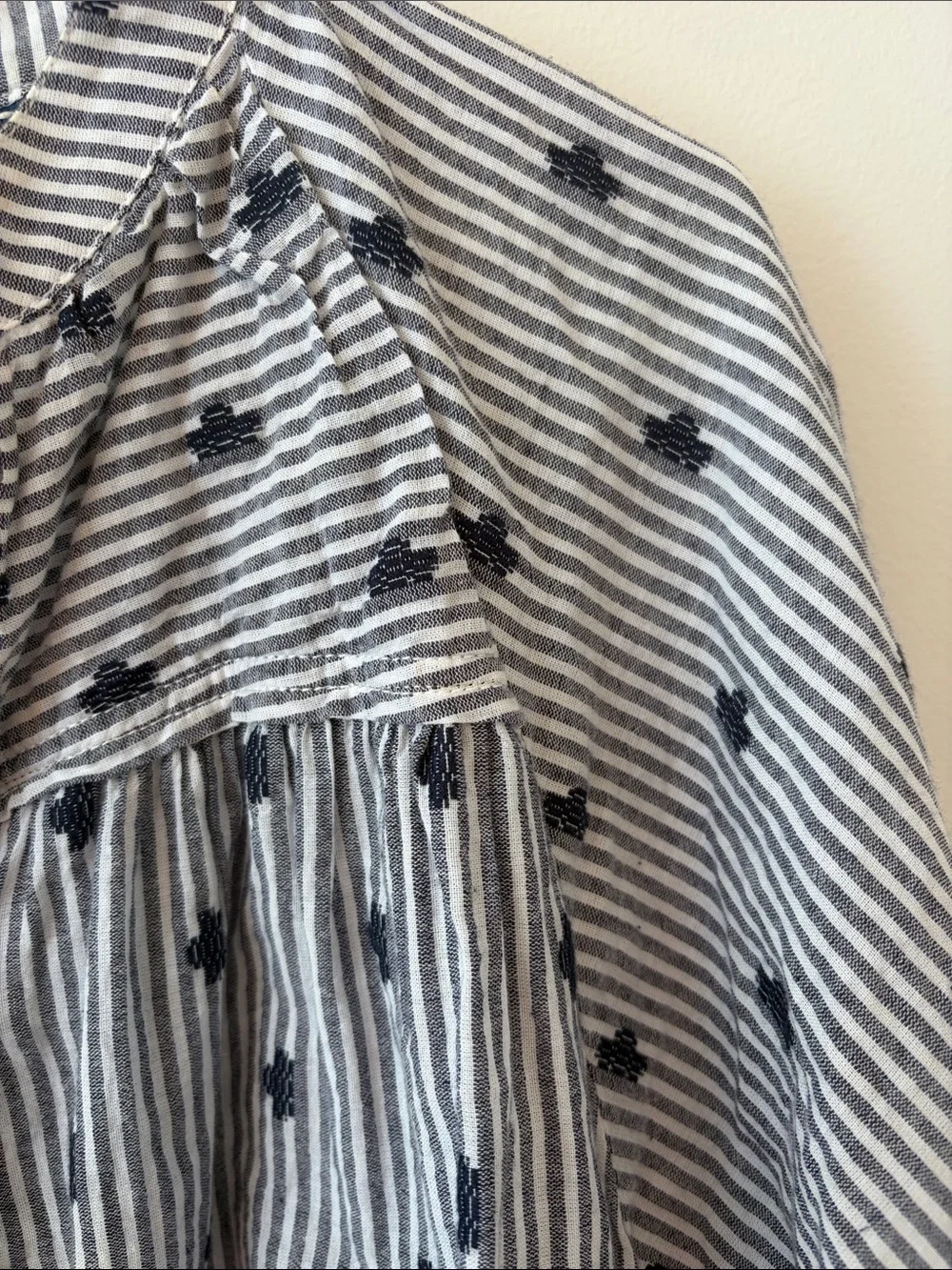 Anthropologie Navy and White Striped Embroidered Drawstring Blouse
